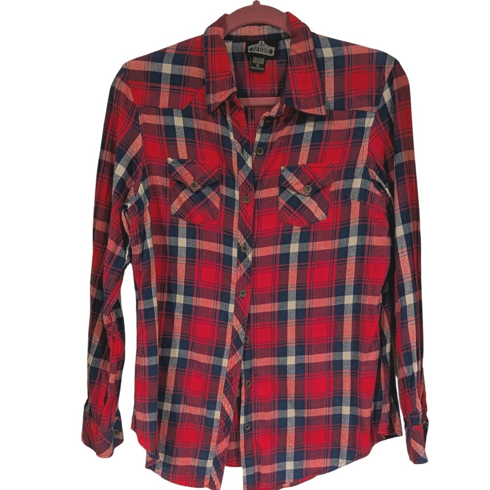 Angie Plaid Flannel Button Down‎ Shirt Medium Red Blue White Western Cabin-core